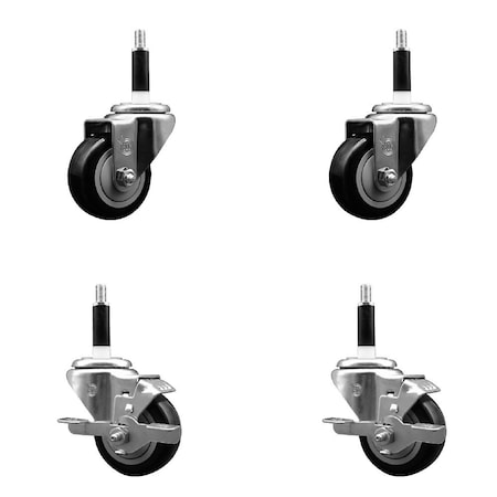 Service Caster 3'' Black Poly Wheel Swivel 7/8'' Expanding Stem Caster Set 2 Brakes, 4PK SCC-EX20S314-PPUB-BLK-2-TLB-2-78
